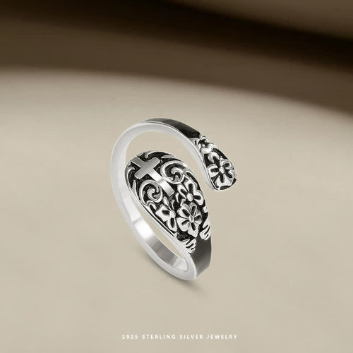 Adjustable 925 Sterling Silver Engraved Cross Ring - Elegance in Devotion