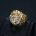 Adorn Your Faith: The Divine Golden Pattern Gemstones Crucifix Ring