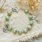 Green Beads Crucifix Rose Luminous Bracelet: Dreamy Light of Faith