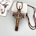 Vintage Double Wood Metal Cross Necklace