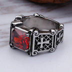 Red & Black Gemstone Cross - Embellished Couple Ring: A Symbol of Faith and Style