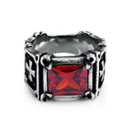 Red & Black Gemstone Cross - Embellished Couple Ring: A Symbol of Faith and Style