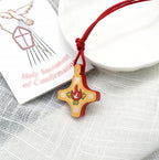 Holy Spirit Wooden Cross Pendant and Red Enameled Medal Necklace