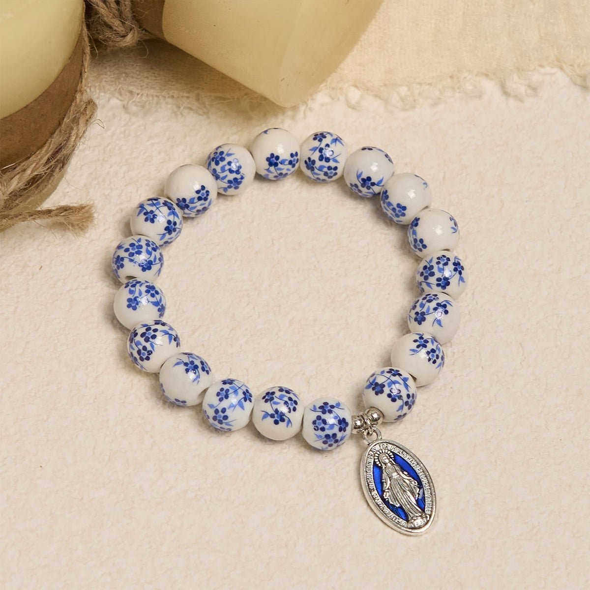 Blue & White Beaded Floral Bracelet with Miraculous Medal