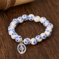 Blue & White Beaded Floral Bracelet with Miraculous Medal