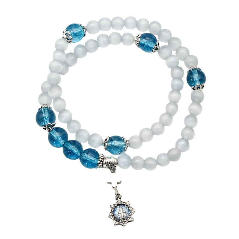 Minimalist Adjustable Bracelet with Multicolored Cat's Eye Stones and Miraculous Medal