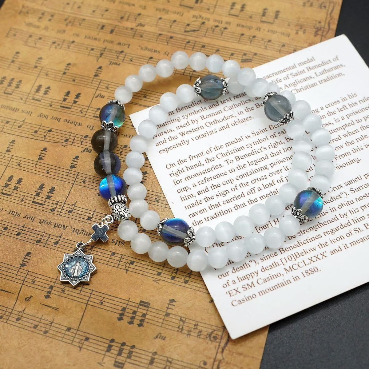 Minimalist Adjustable Bracelet with Multicolored Cat's Eye Stones and Miraculous Medal