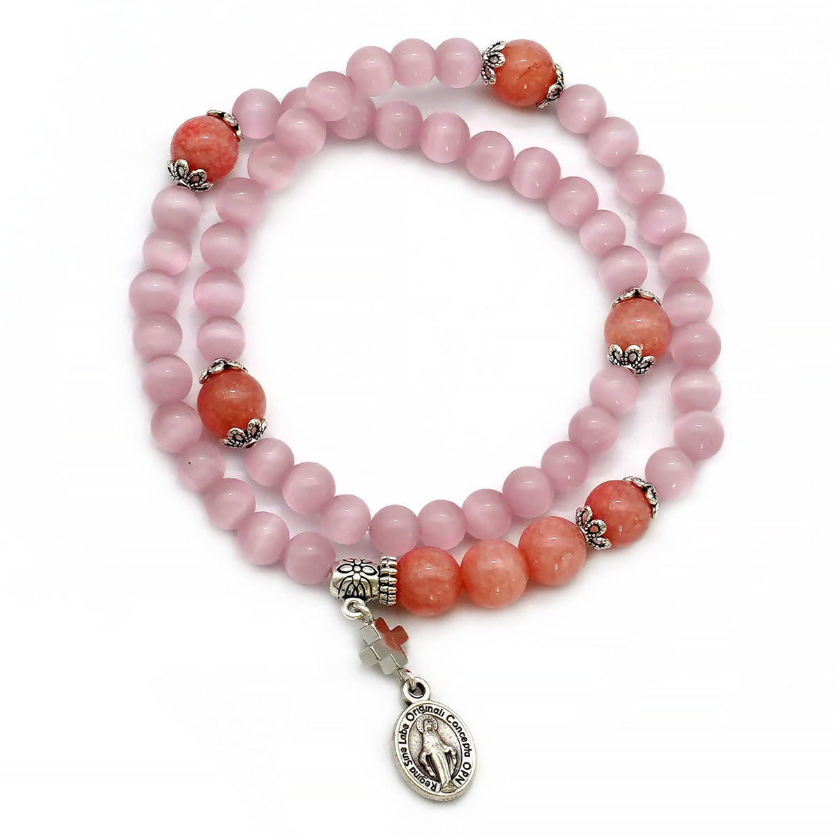 Minimalist Adjustable Bracelet with Multicolored Cat's Eye Stones and Miraculous Medal