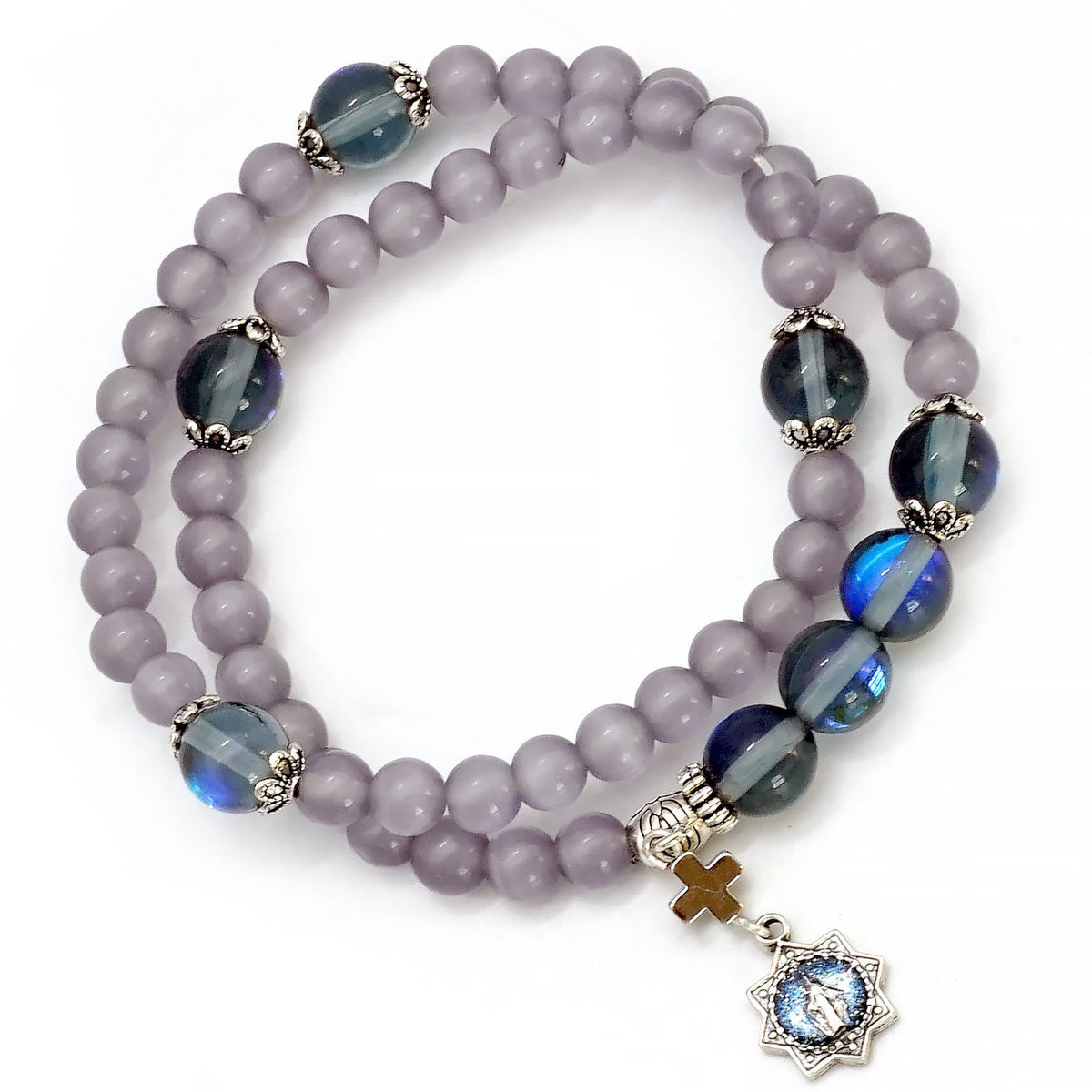 Minimalist Adjustable Bracelet with Multicolored Cat's Eye Stones and Miraculous Medal
