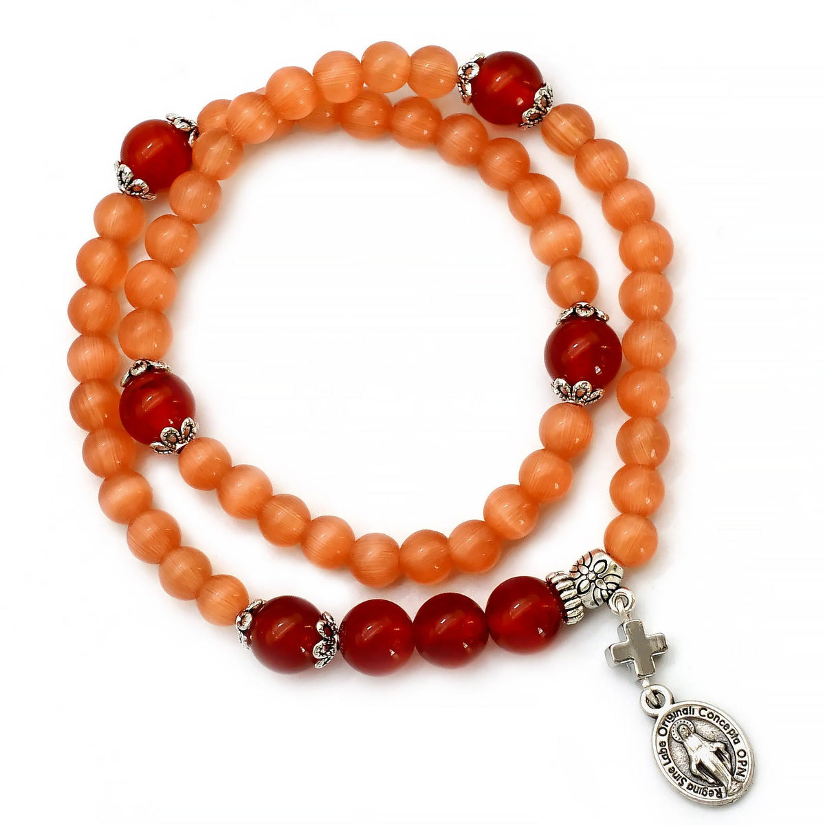 Minimalist Adjustable Bracelet with Multicolored Cat's Eye Stones and Miraculous Medal