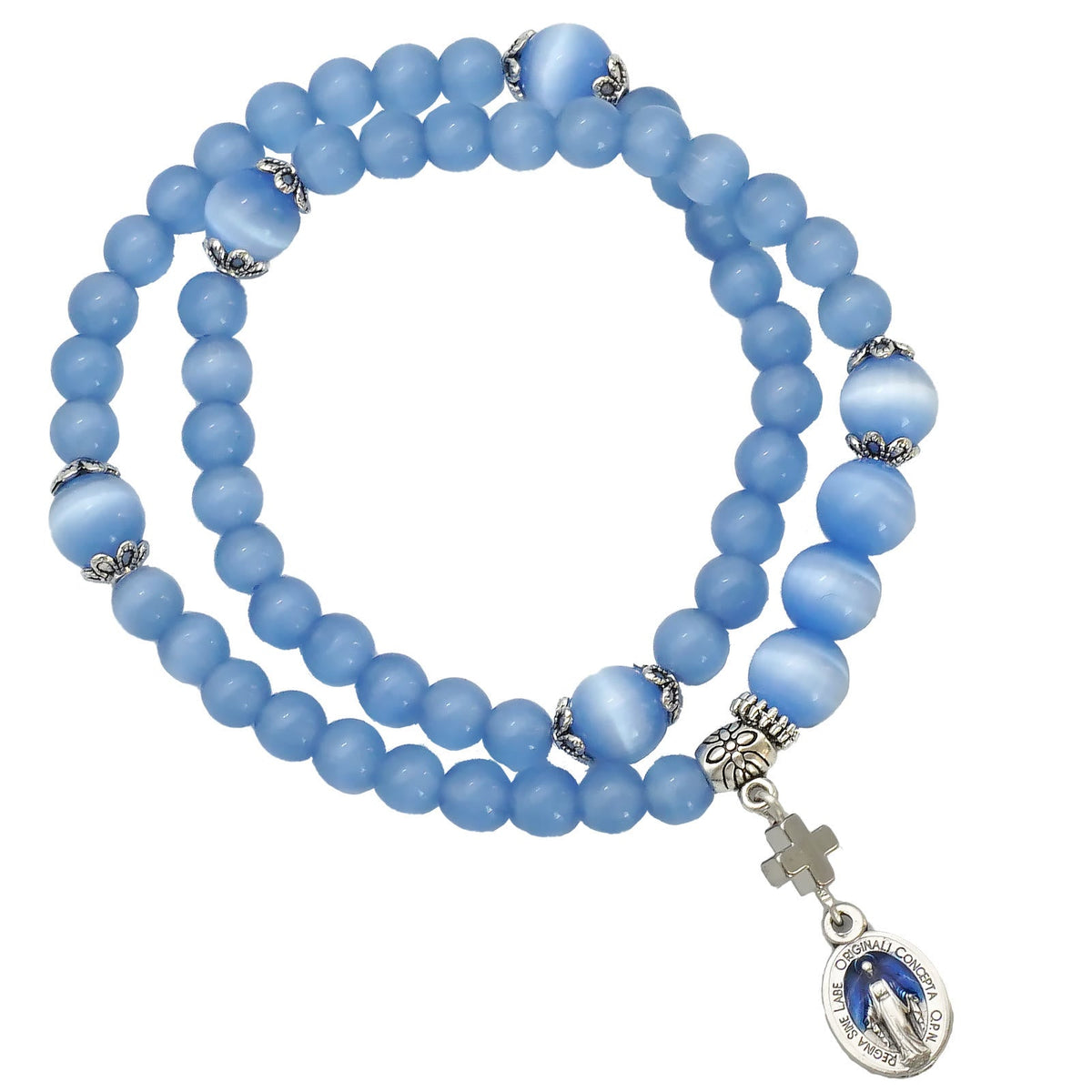 Minimalist Adjustable Bracelet with Multicolored Cat's Eye Stones and Miraculous Medal