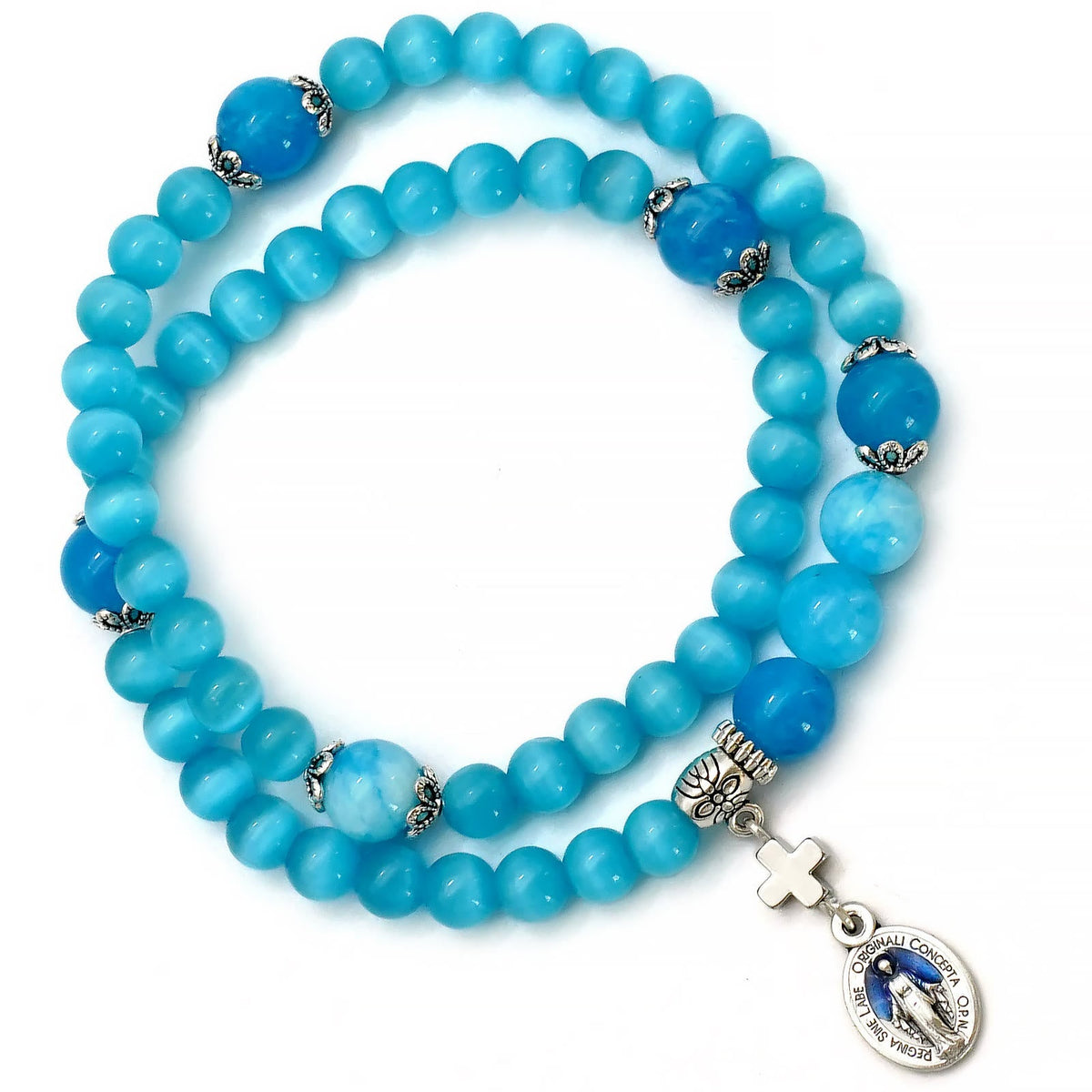 Minimalist Adjustable Bracelet with Multicolored Cat's Eye Stones and Miraculous Medal