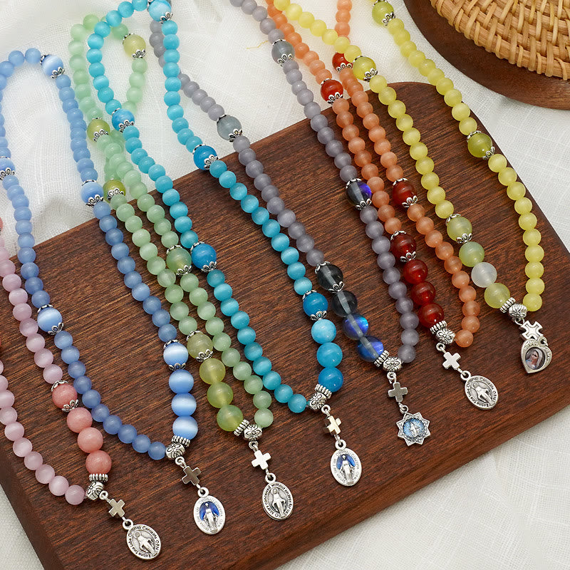 Minimalist Adjustable Bracelet with Multicolored Cat's Eye Stones and Miraculous Medal