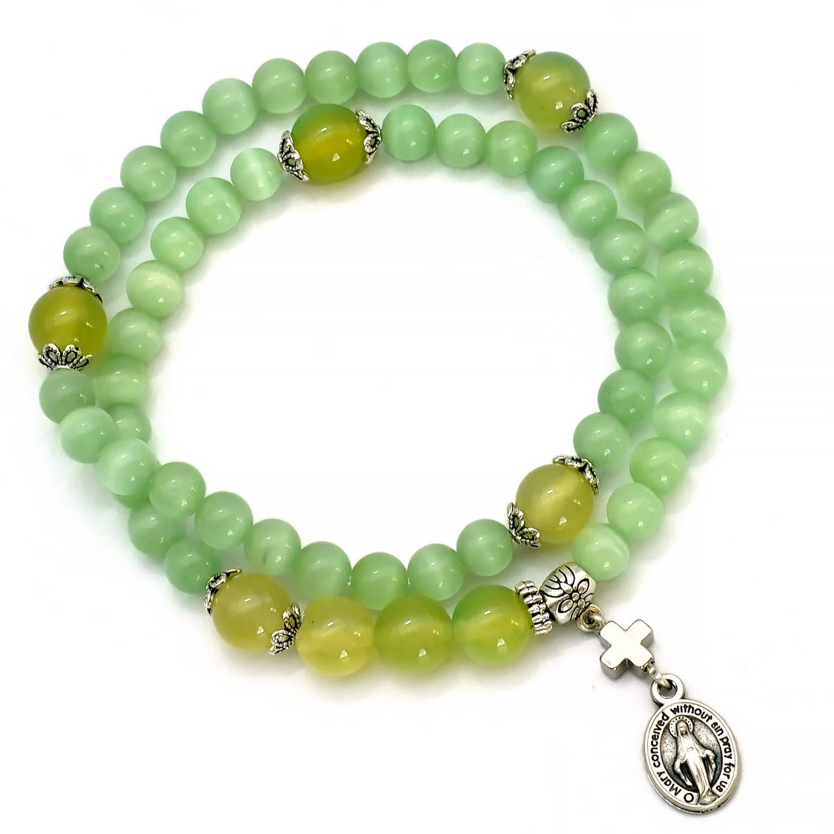 Minimalist Adjustable Bracelet with Multicolored Cat's Eye Stones and Miraculous Medal