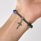 Ebony and Blue Agate with Our Lady Medal & Crucifix Bracelet