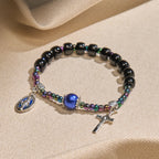 Ebony and Blue Agate with Our Lady Medal & Crucifix Bracelet