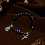 Ebony and Blue Agate with Our Lady Medal & Crucifix Bracelet