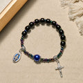 Ebony and Blue Agate with Our Lady Medal & Crucifix Bracelet
