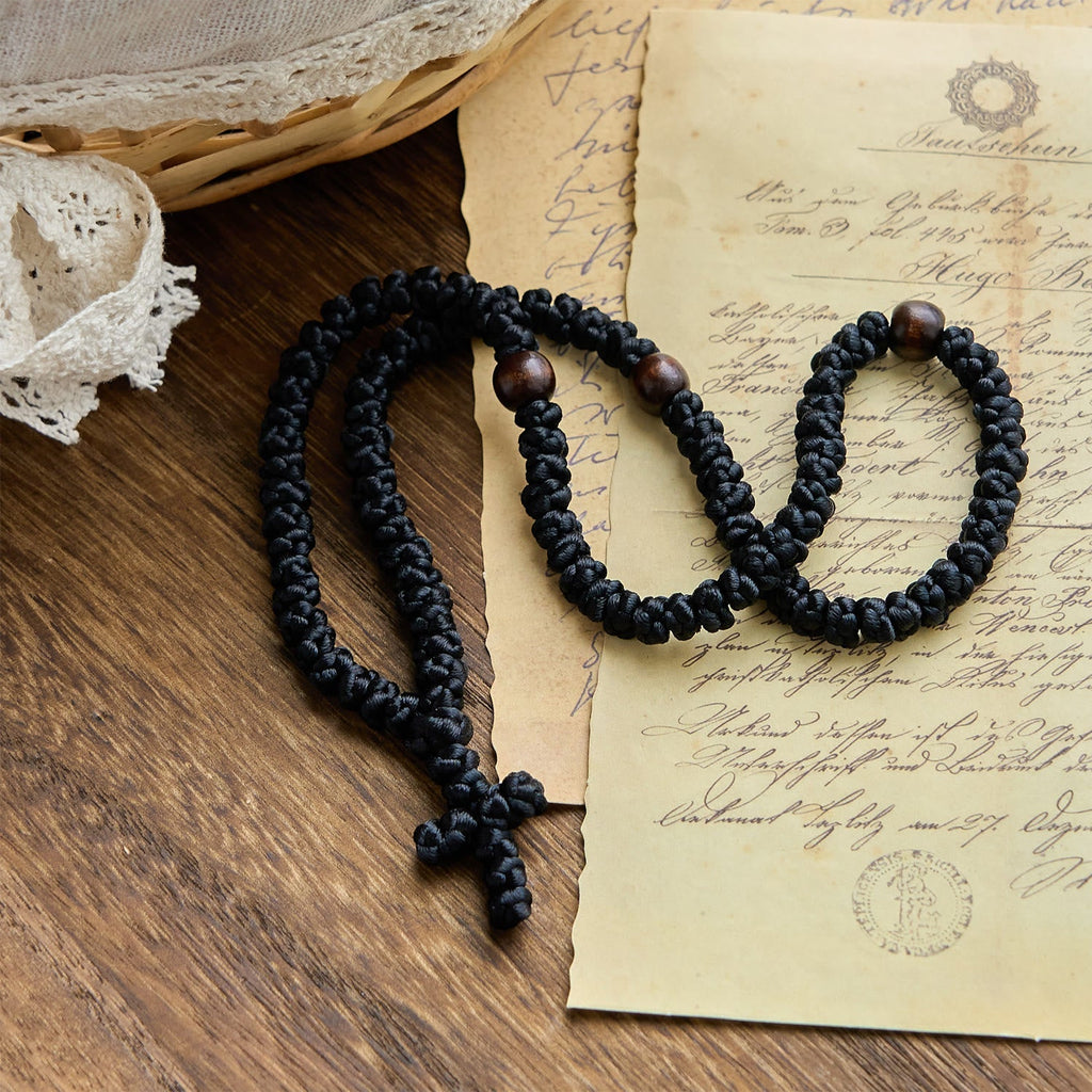 Blue & Black Cross 100 Blessing Knots String Necklace: Cherished Symbol of Holy Blessing