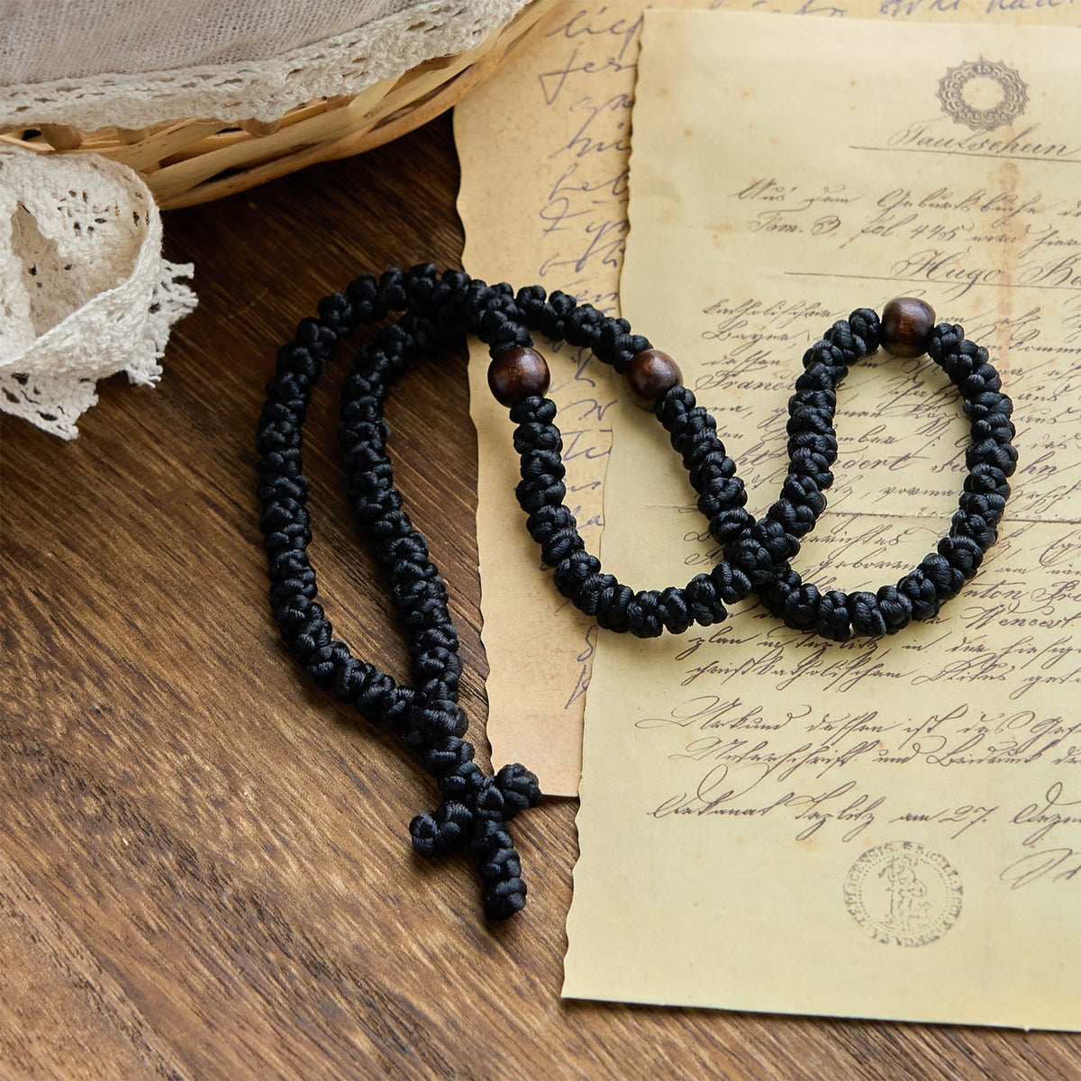 Blue & Black Cross 100 Blessing Knots String Necklace: Cherished Symbol of Holy Blessing