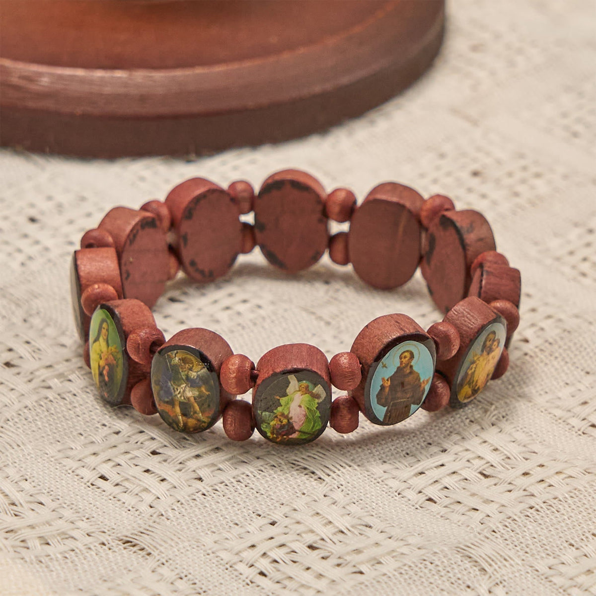 Classic Wooden Bead Stretch Bracelet with Mary, Jesus & Saints Icons