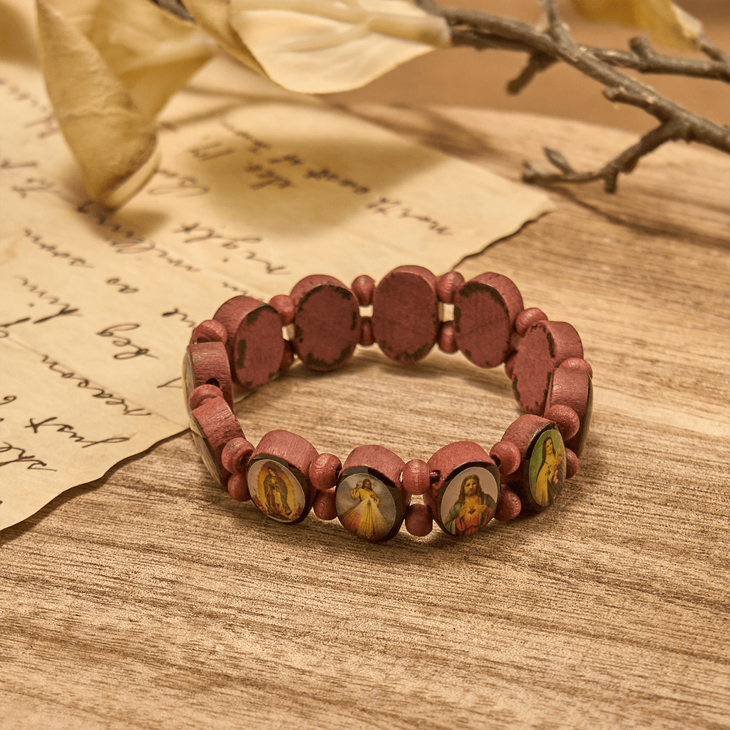Classic Wooden Bead Stretch Bracelet with Mary, Jesus & Saints Icons