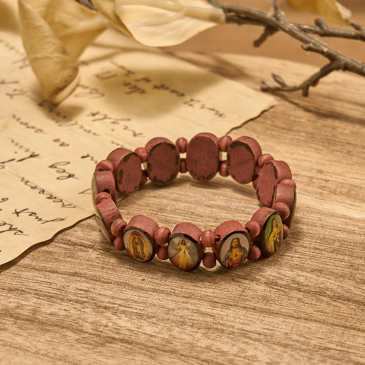Classic Wooden Bead Stretch Bracelet with Mary, Jesus & Saints Icons