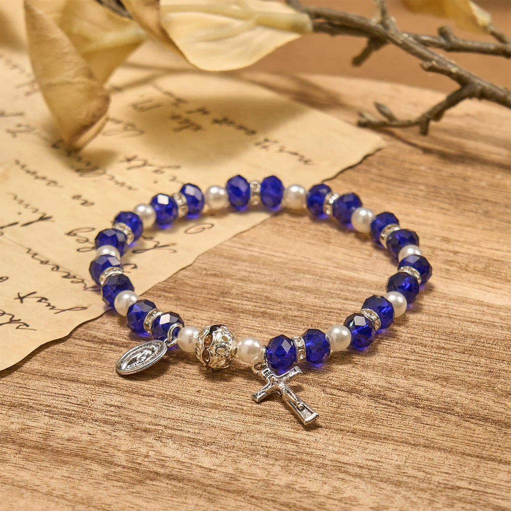 Modern Clear Crystal Stretch Braceletwith Crucifix & Miraculous Medal: Contemporary Faith Statement