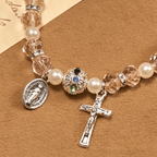 Modern Clear Crystal Stretch Braceletwith Crucifix & Miraculous Medal: Contemporary Faith Statement
