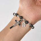 Natural Black Agate Bracelet with St. Benedict Medal and Virgin Mary Pendant: Divine Faith Artistry