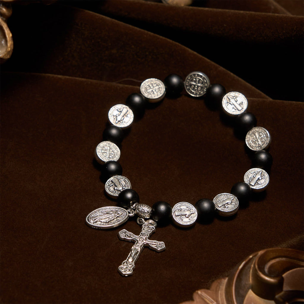 Natural Black Agate Bracelet with St. Benedict Medal and Virgin Mary Pendant: Divine Faith Artistry