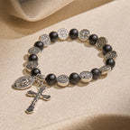 Natural Black Agate Bracelet with St. Benedict Medal and Virgin Mary Pendant: Divine Faith Artistry