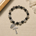 Natural Black Agate Bracelet with St. Benedict Medal and Virgin Mary Pendant: Divine Faith Artistry