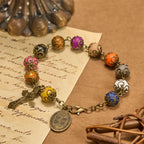 Vintage Style Patterned Colorful Bead Bracelet with Bronze St. Benedict & Crucifix: Trust in Divine Continuity