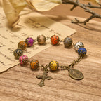 Vintage Style Patterned Colorful Bead Bracelet with Bronze St. Benedict & Crucifix: Trust in Divine Continuity