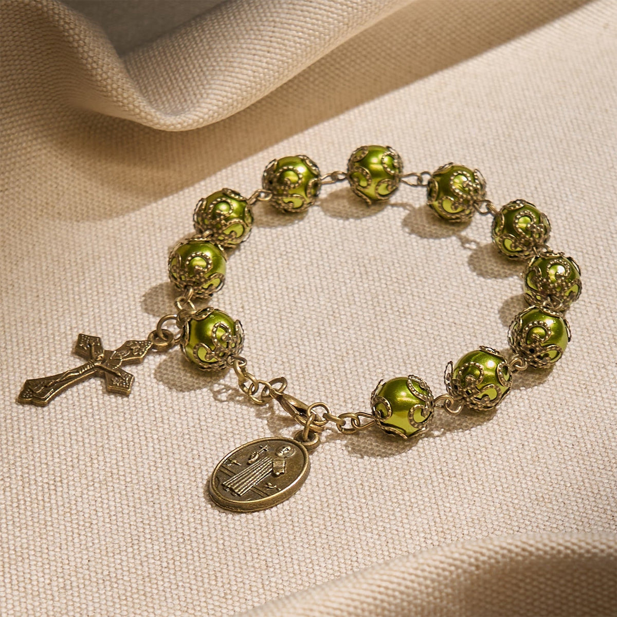 Matte Verdigris Beads with Bronze St. Benedict Medal & Crucifix Bracelet: Find Peace in Subtle Sacredness