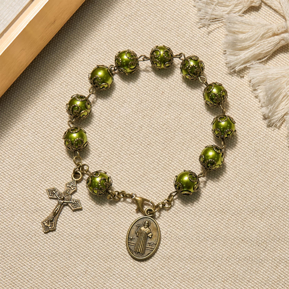 Matte Verdigris Beads with Bronze St. Benedict Medal & Crucifix Bracelet: Find Peace in Subtle Sacredness