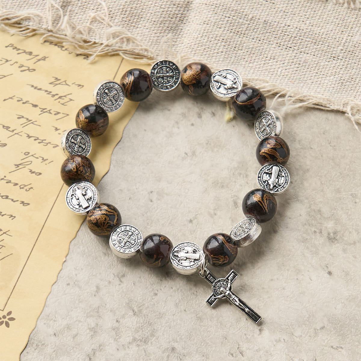 Tri-Color Beads Bracelet with Silver St. Benedict Medal and Crucifix: Divine Faith Artistry