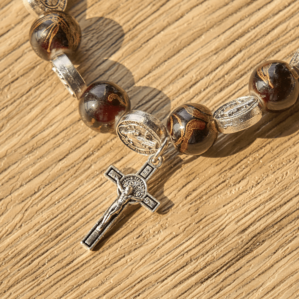 Tri-Color Beads Bracelet with Silver St. Benedict Medal and Crucifix: Divine Faith Artistry