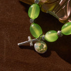 St. Jude & Crucifix Pendant Green Clear Beads Rose Bracelet