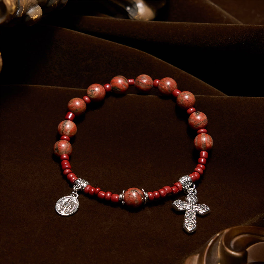 8mm Red Sesame Stone One Decade Rosary Bracelet with Miraculous Medal & Cross