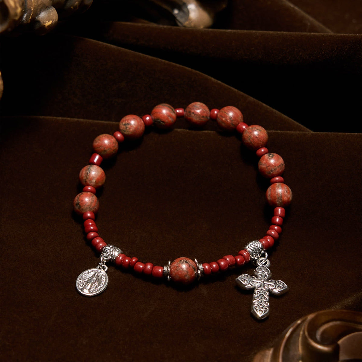 8mm Red Sesame Stone One Decade Rosary Bracelet with Miraculous Medal & Cross