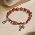 8mm Red Sesame Stone One Decade Rosary Bracelet with Miraculous Medal & Cross