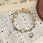 Artistically Sculpted 10mm White Rose Bead Rosary Bracelet with Crucifix