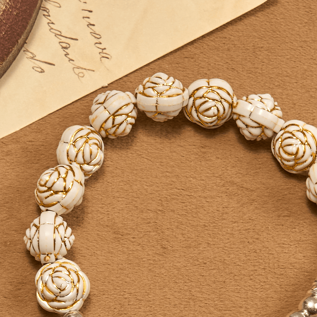 Artistically Sculpted 10mm White Rose Bead Rosary Bracelet with Crucifix