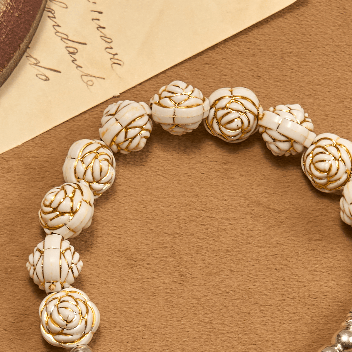 Artistically Sculpted 10mm White Rose Bead Rosary Bracelet with Crucifix