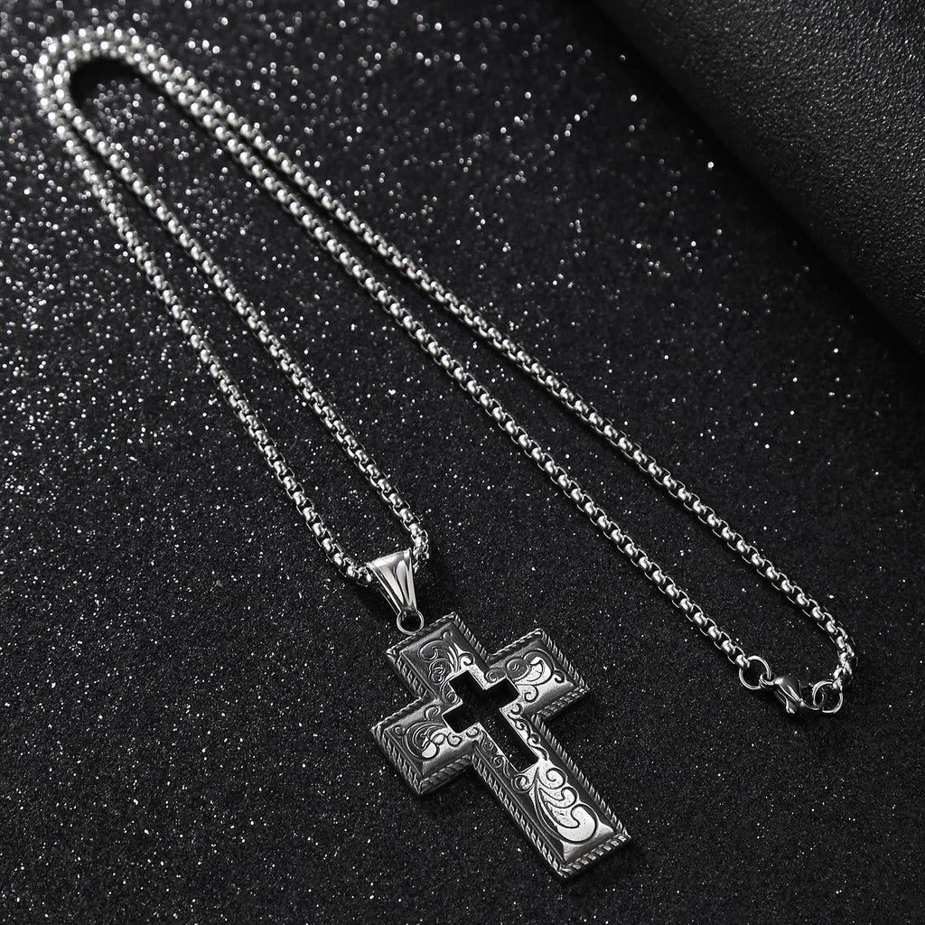 Vintage Antique Hollow Center Cross Necklace with Floral Scroll Design