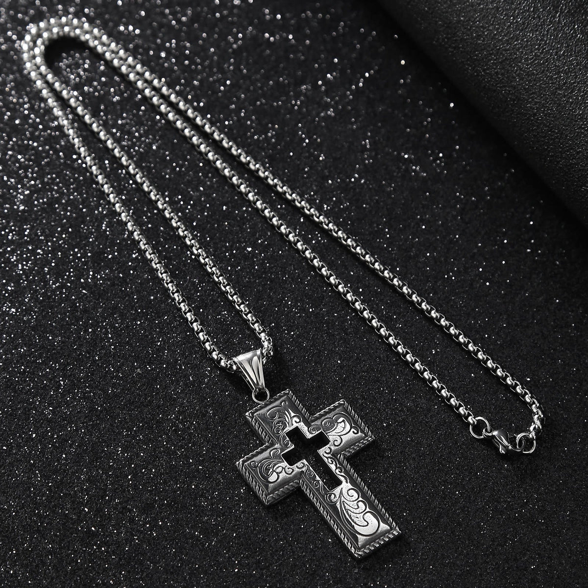 Vintage Antique Hollow Center Cross Necklace with Floral Scroll Design