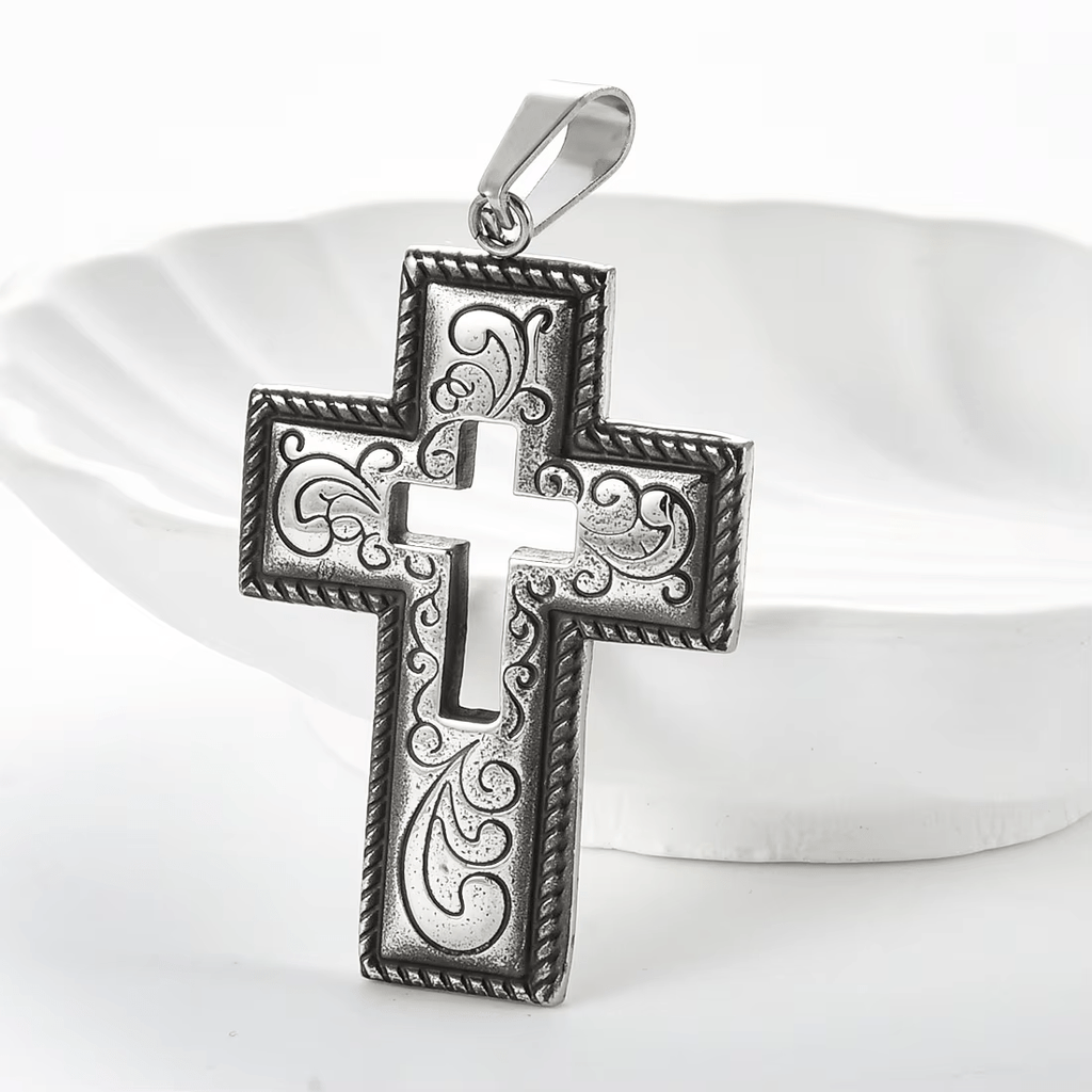 Vintage Antique Hollow Center Cross Necklace with Floral Scroll Design
