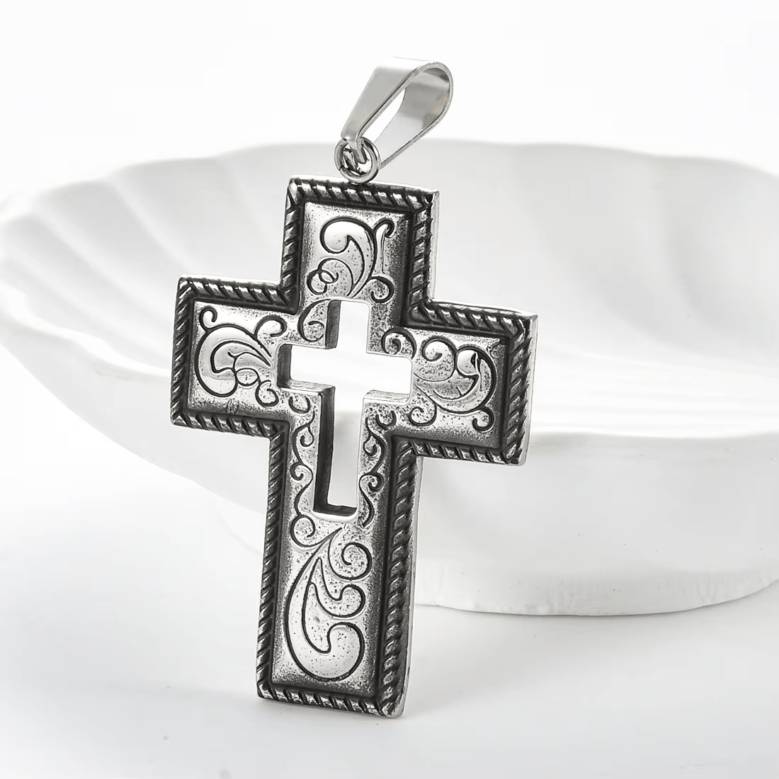 Vintage Antique Hollow Center Cross Necklace with Floral Scroll Design